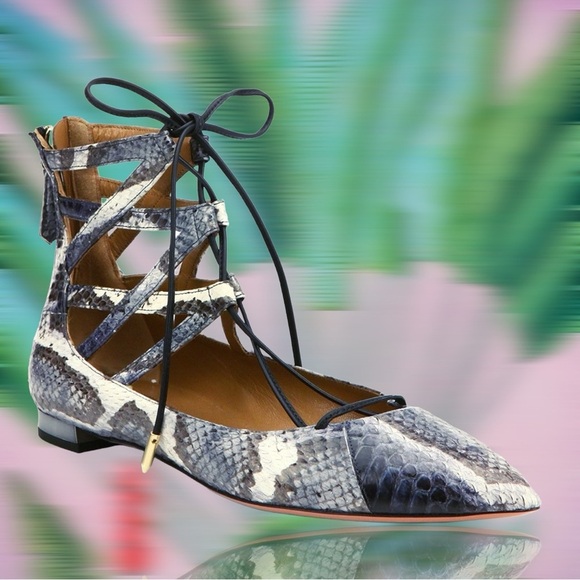 Aquazzura ‘Belgravia’ Two-Tone Snakeskin Ankle-Tie Flats Size 9 ASO Meghan - Picture 3 of 16